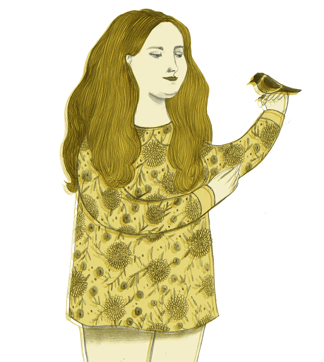 Illustrazione di una giovane donna dai capelli lunghi che tiene delicatamente un uccellino sulla mano